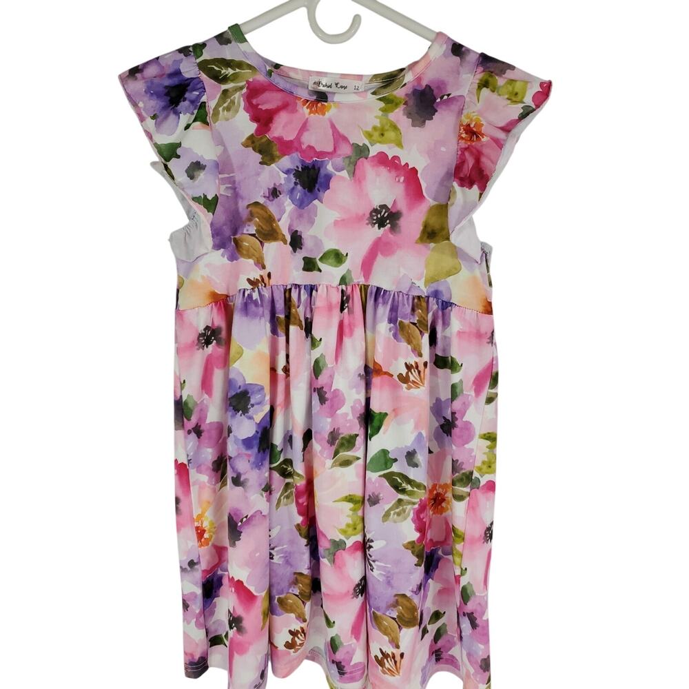 ORCHID LANE Girls Youth Size 12 Dress Floral Ruffled Sleeve Purple Pink Shift